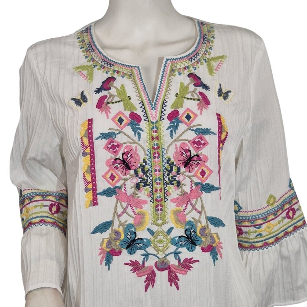 Calessa Women's Tunic Size L White  Embroidered Multicolor 3/4 Sleeve Top (53) - Picture 2 of 12